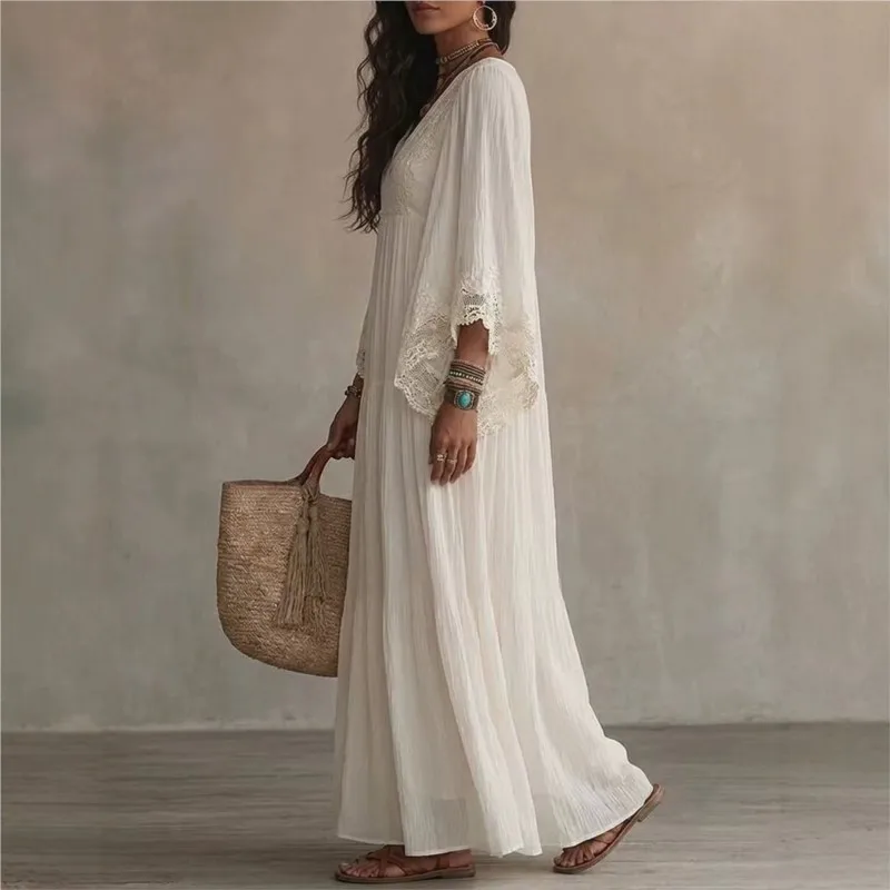 Vintage Solid Lace Maxi Dresses New Women Boho Deep V Neck Wide Flared Sleeve Folds Loose Tiered Elegant Holiday Travel Dresses view 2