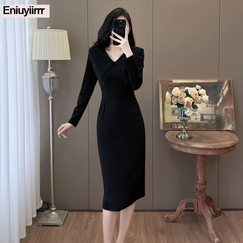 بلينغ مطرز فساتين أنيقة امرأة ضئيلة شيك كوريا أزياء السنة الجديدة مساء ليلة حزب فستان طويل قميص أسود
