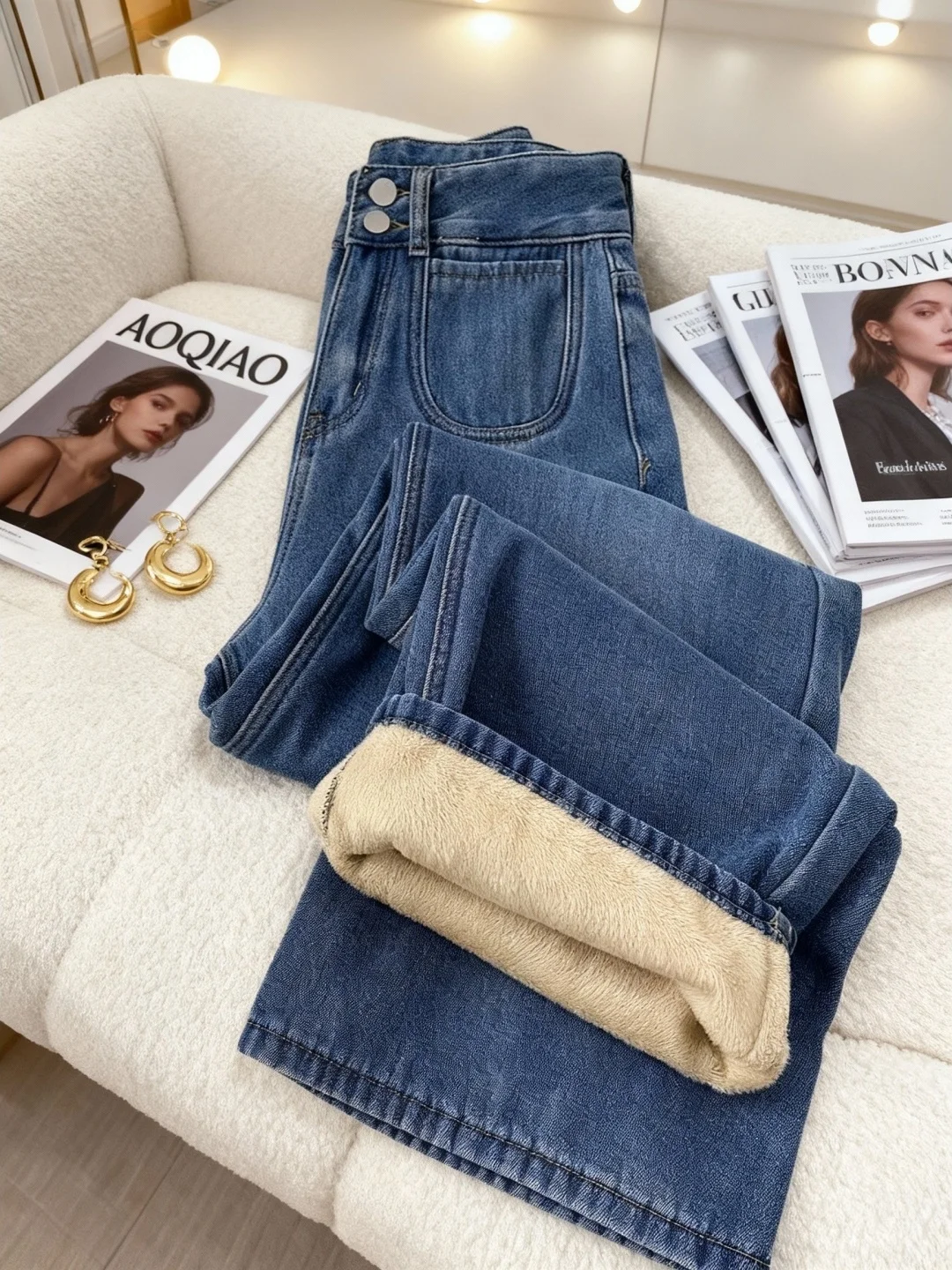 Fce forrado thi perna reta jeans feminino cintura alta solto ajuste outono inverno plus size emagrecimento calças de perna larga