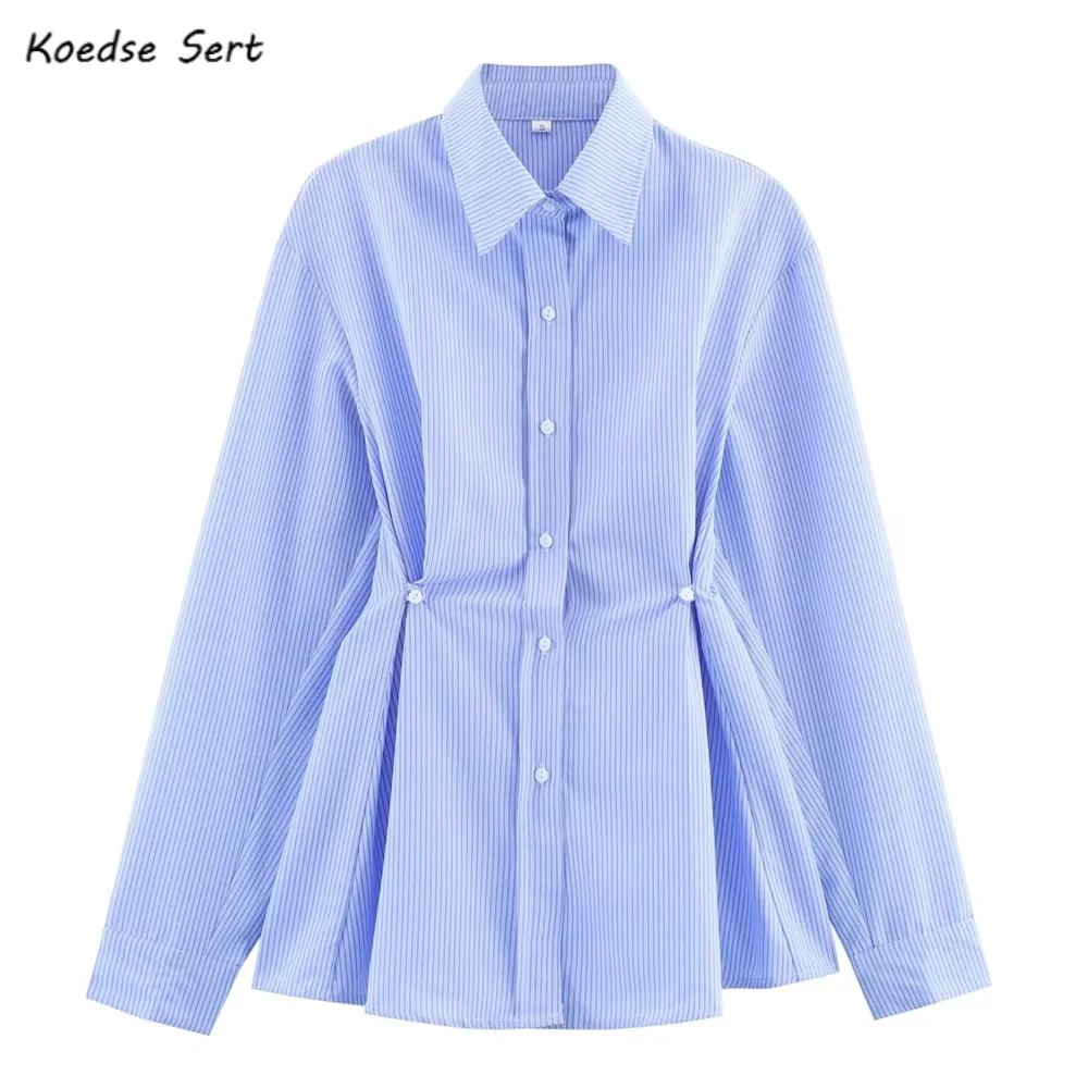 

Осень 2022, шикарная сине-белая полосатая рубашка с лацканами и длинными рукавами, женская свободная блузка с открытыми пуговицами, регулируемая тонкая талия, топы