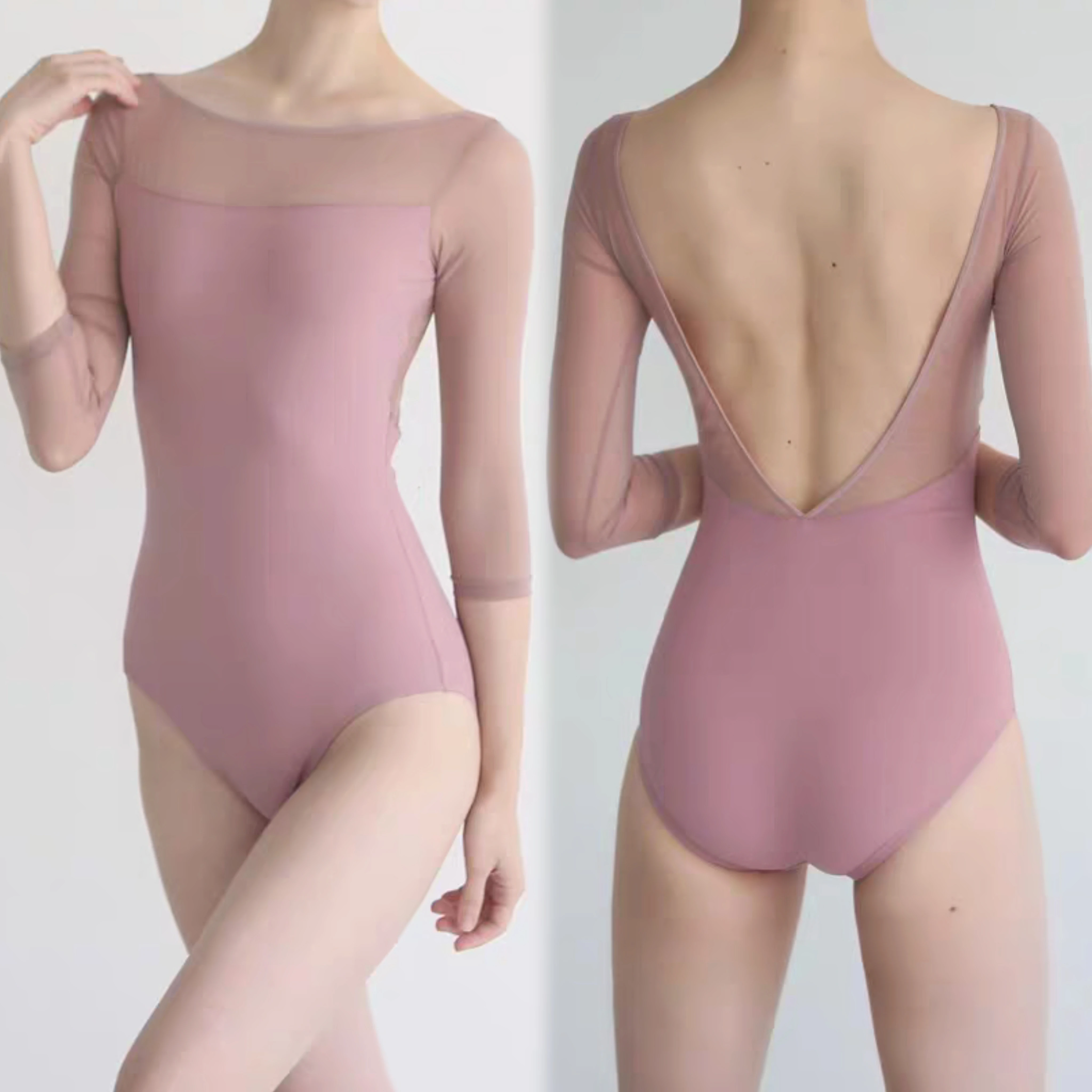 mono-de-ballet-para-nina-con-costuras-de-malla-y-mangas-tres-cuartos-body-de-baile-traje-de-yoga