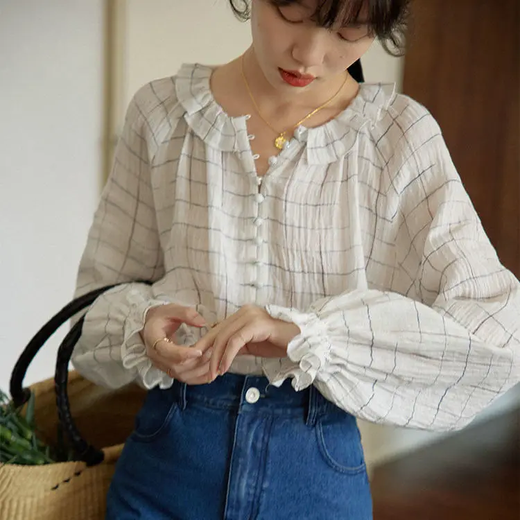 Plaid Super Cotton Linen Yarn Peter Pan Collar Long Sleeve Women Shirt Blouse New 2022 Spring Summer