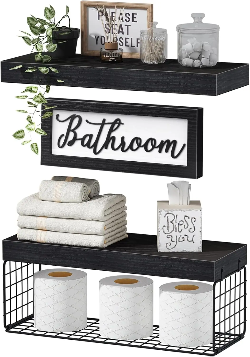

Farmhouse Bathroom Shelves Over Toilet - Wall Mounted 2+1 Set, 16 Inch, Black