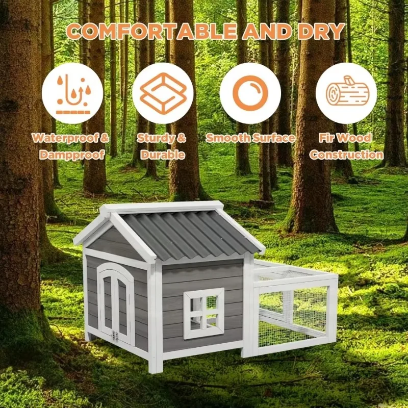 Wooden Indoor Rabbit Hutch With Run 2 Zone Design Waterproof Small Animal Housing For Bunny Pet Breeding Use