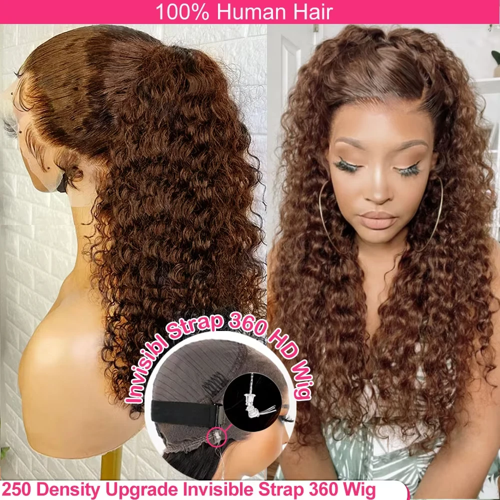 

Invisible Strap 360 Full Hd Lace Glueless Wig Chocolate Brown Water Wave HD Lace Front Wig Human Hair Kinky Curly Frontal Wig