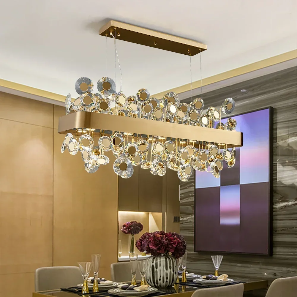 

Modern Gold Rectangle Chandelier Led Crystal Pendant Light For Kitchen Island Living Room Restaurant Black Decor Lustre Lamps