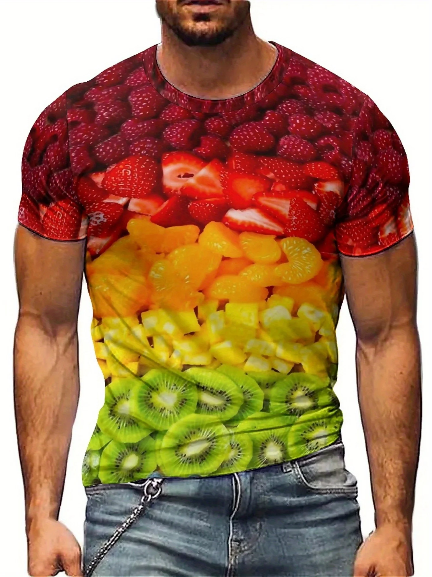 تي شيرت رجالي بأكمام قصيرة وطبعة فواكه ثلاثية الأبعاد بتصميم هندسي لكامل الجسم، قماش مسامي، ملابس في اتجاهين للحفلات
