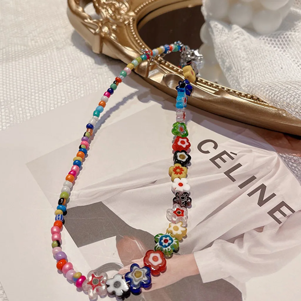 1PCS Colorful Glass Flower Necklace Beaded Neck Chain Unique Design Versatile Flower Collar Chain Free Shipping