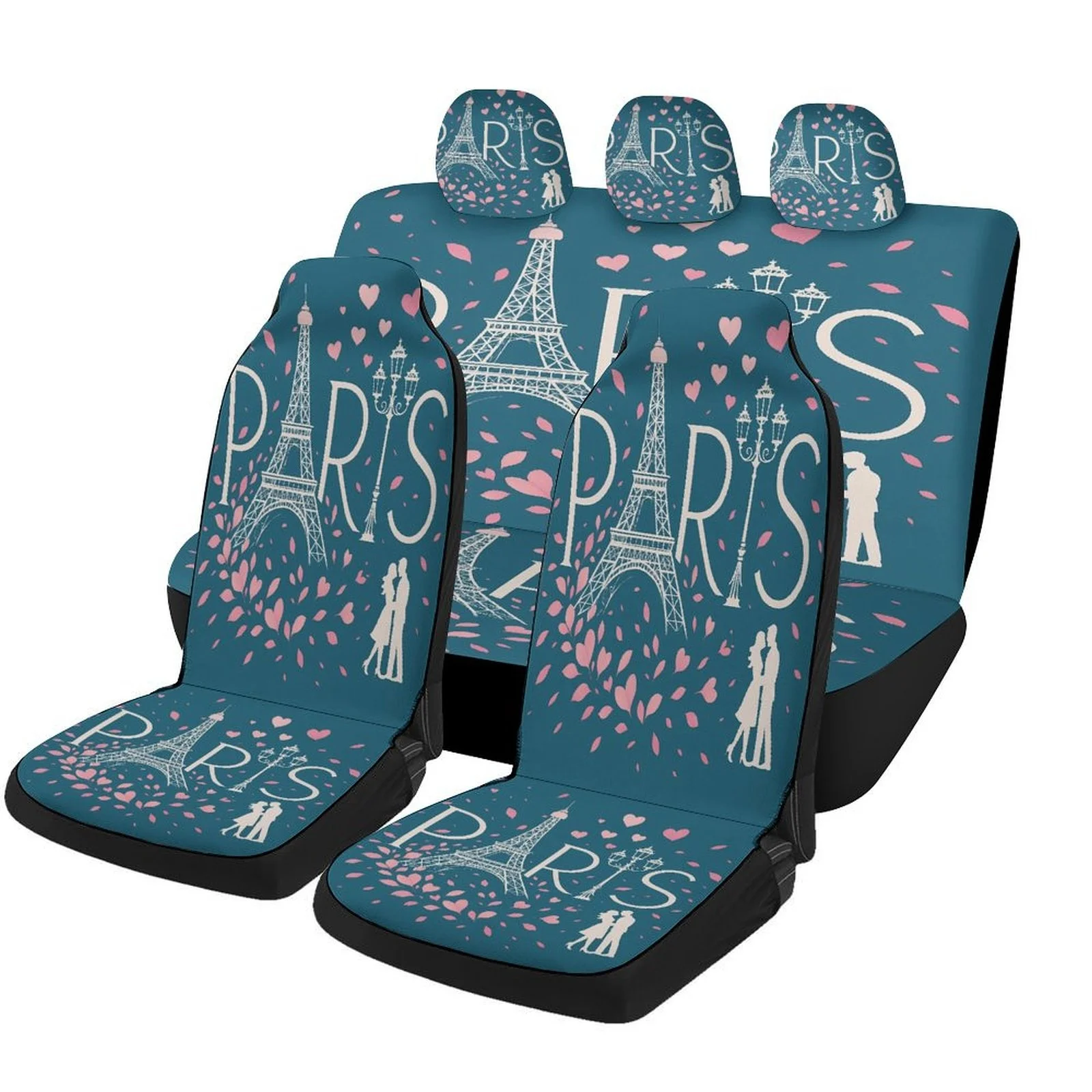 Paris Eiffel Tower Romance Themed Car Seat Cover Set For Most Cars, Fashionable Novelty Car Seat Protector Covers Full Set, Car