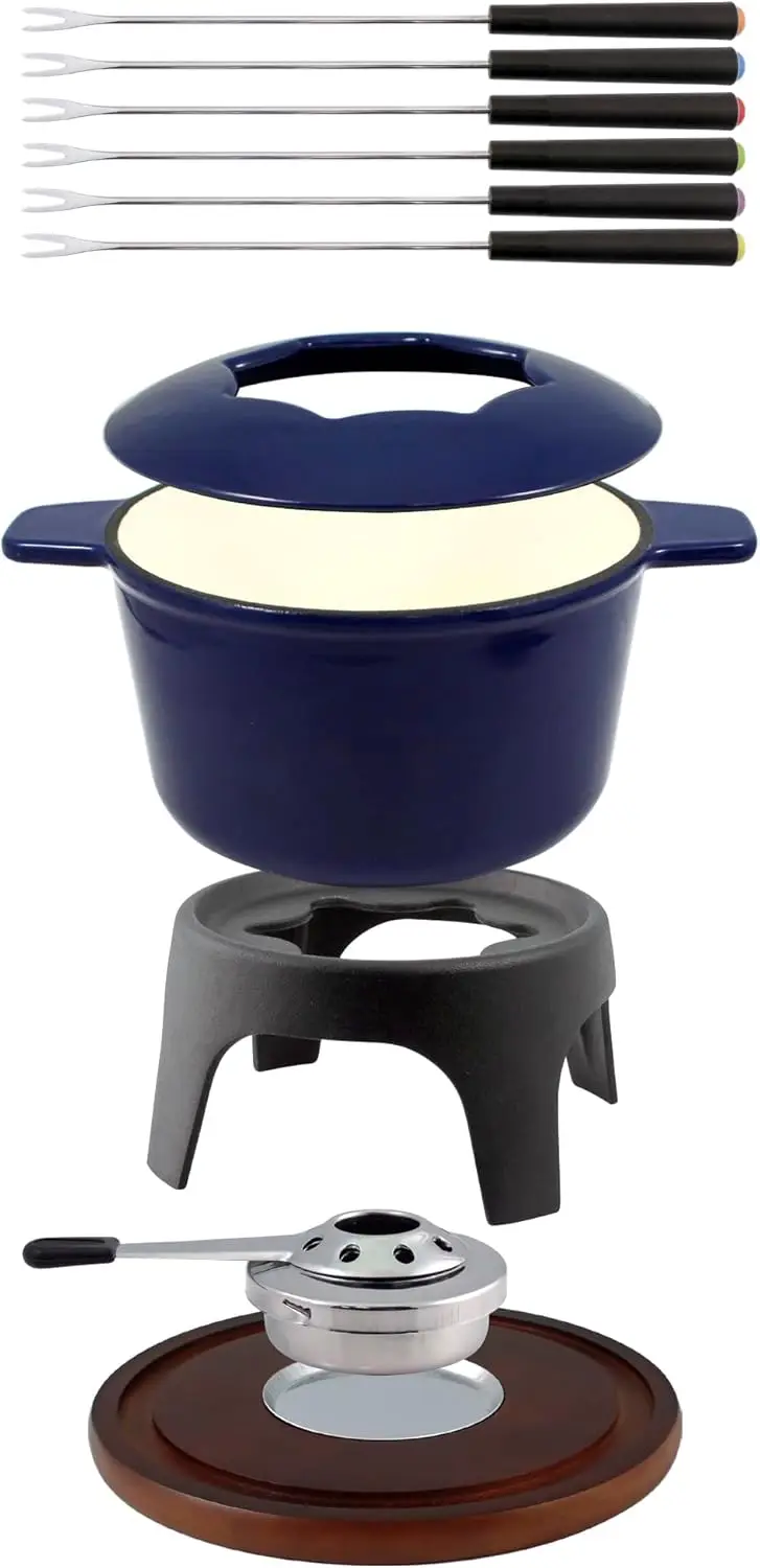 F66706 Sierra 1,6-Juego de Fondue de carne de hierro fundido Quart, 11 piezas, azul intenso