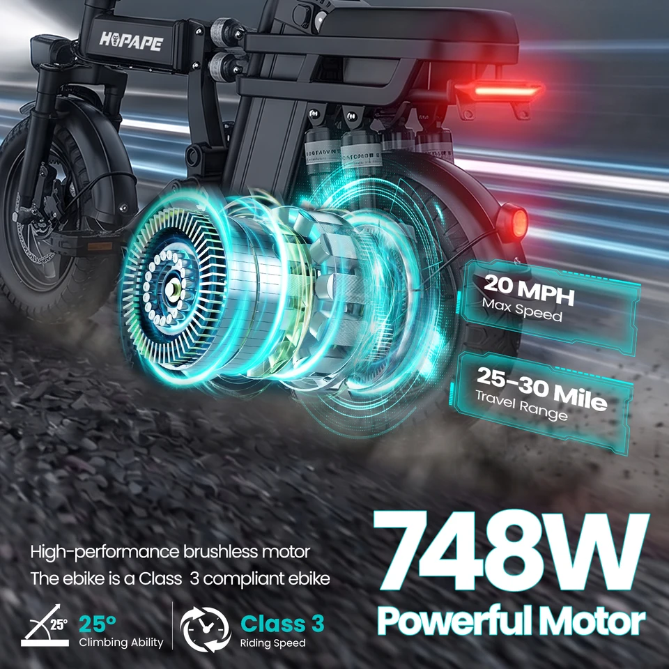 HOPAPE Foldable Electric Bike 748W Brushless Motor 48V 15Ah Battery 8-Layer Shock Absorption 20MPH Max Speed 25-30 Miles Range Dual Disc Brake 14"x2.125" All Terrain Folding E-Bike image 2
