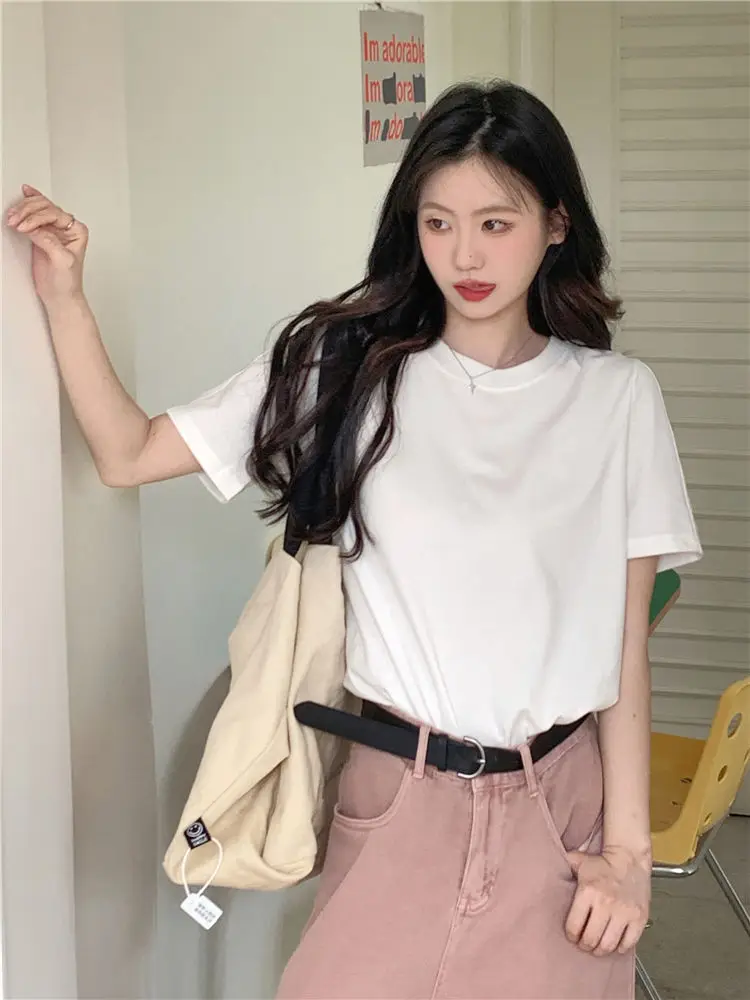 Women 100% Pure Cotton White T-shirt Loose Short Sleeved Top Round Neck Monochromatic Base Spring Clothing Summer New 2024