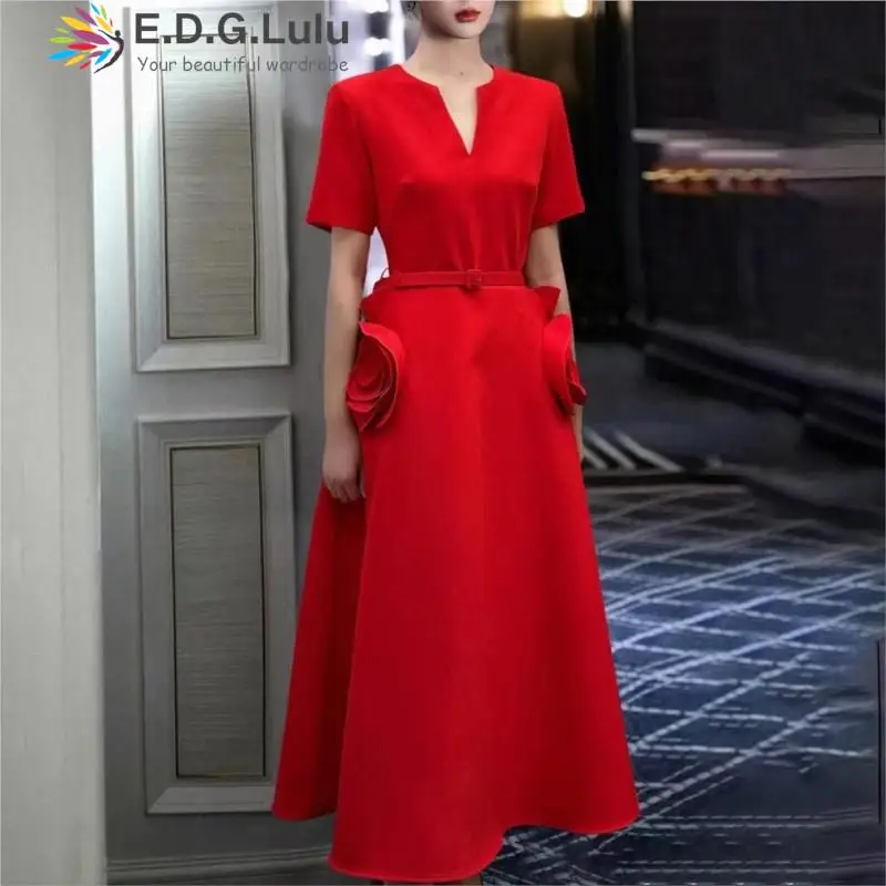 

EDGLuLu Designer Clothes Women Luxury O Neck Short Sleeved Long Dress Belt+Three-Dimensional Flower Elegant Red Black Dress 0415