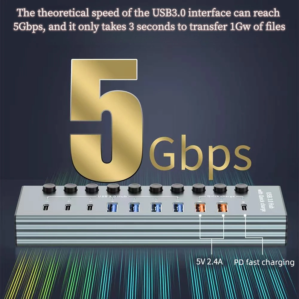 

6-USB A 3.0 3-type-c 1-PD Концентратор Алюминиевый многопортовый разветвитель-концентратор Быстрое зарядное устройство PD Адаптер питания с переключателем