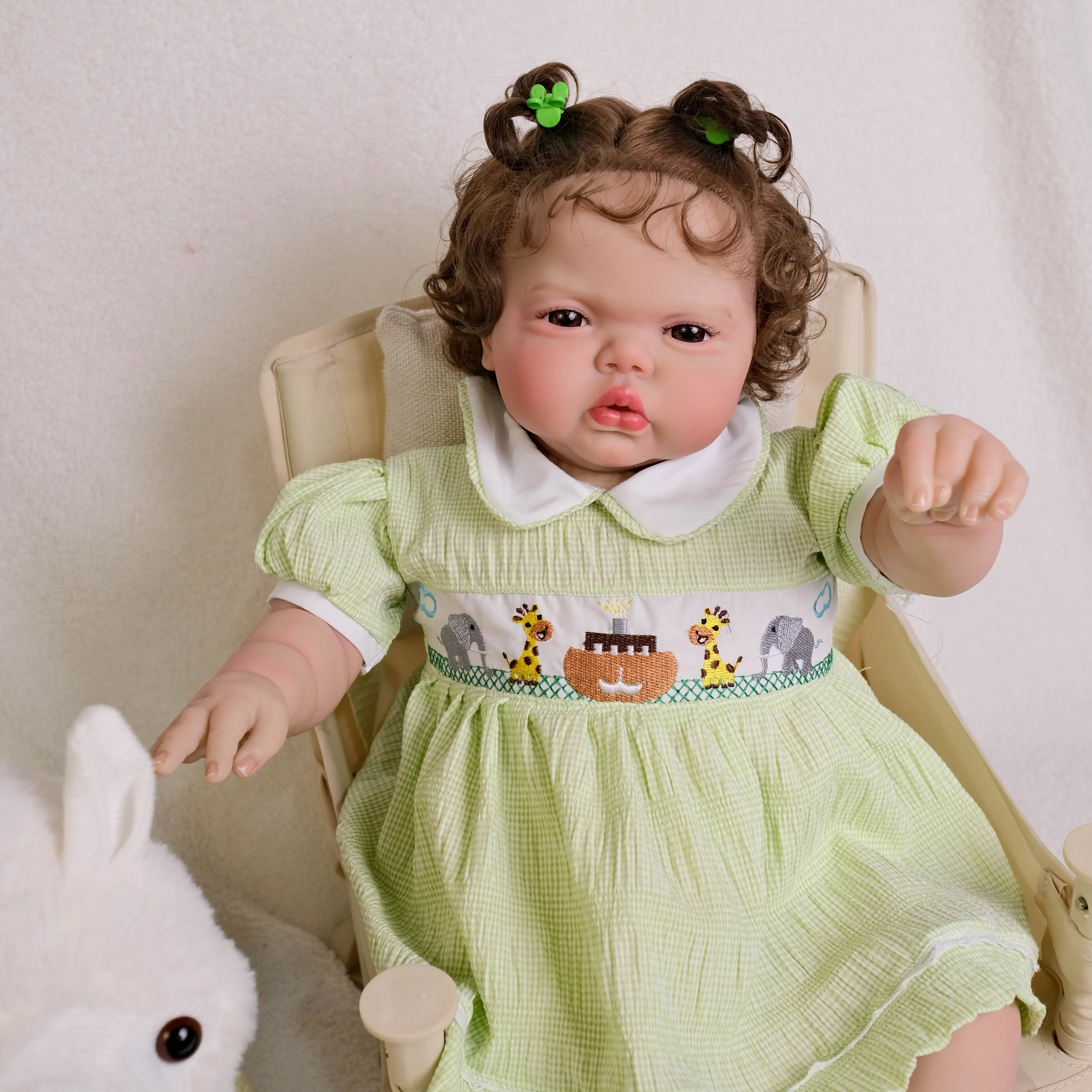 NPK 24Inch Pickle Girl Awake in Soft Cloth Body Lifelike Reborn Toddler Hand Rooted Curly Brown Hair Cuddly Baby Doll Baby