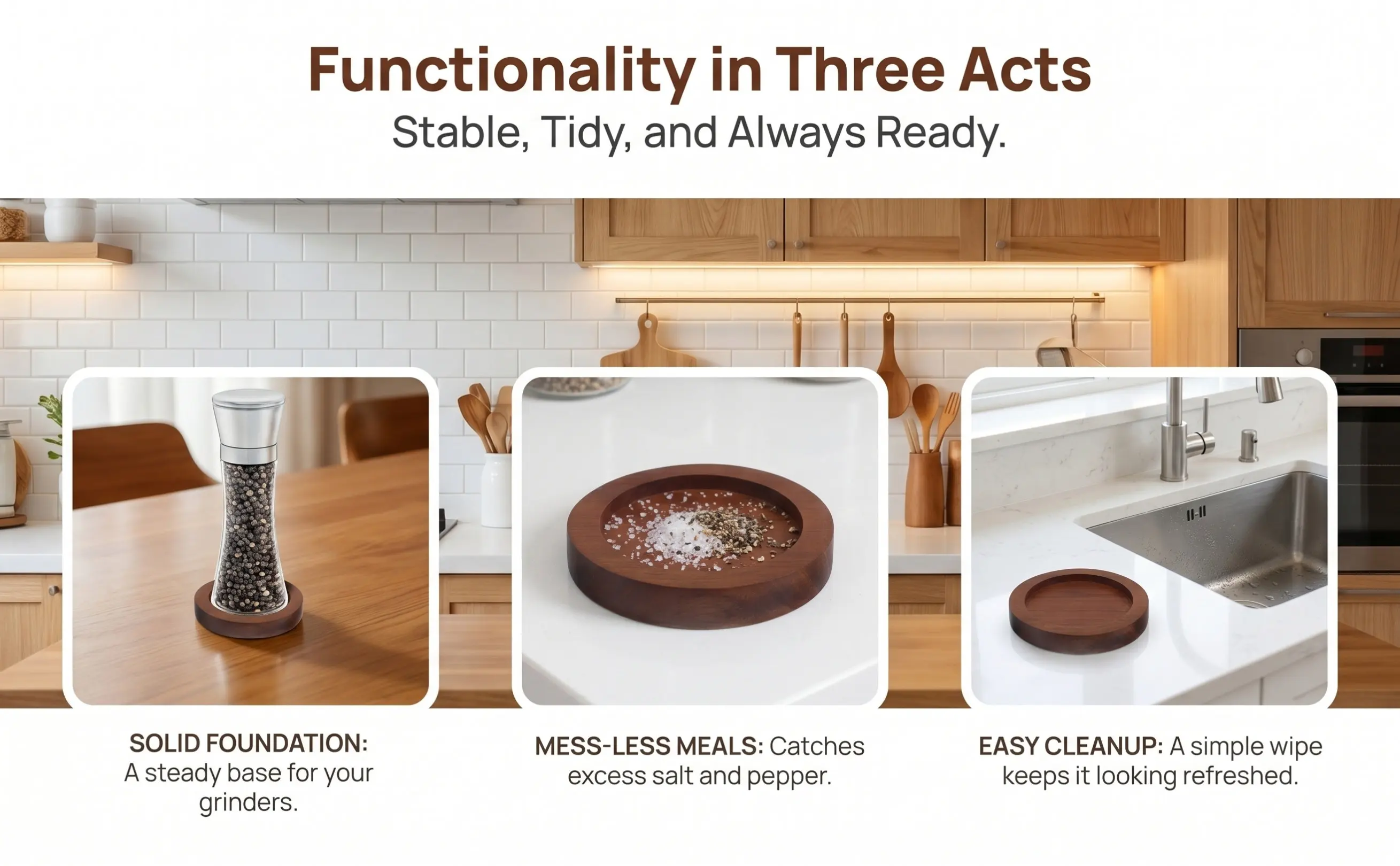 Acacia Wood Grinder Stand Salt Pepper Mill Base Round Tray Manual Spice Jar Holder Stable Kitchen Storage Display