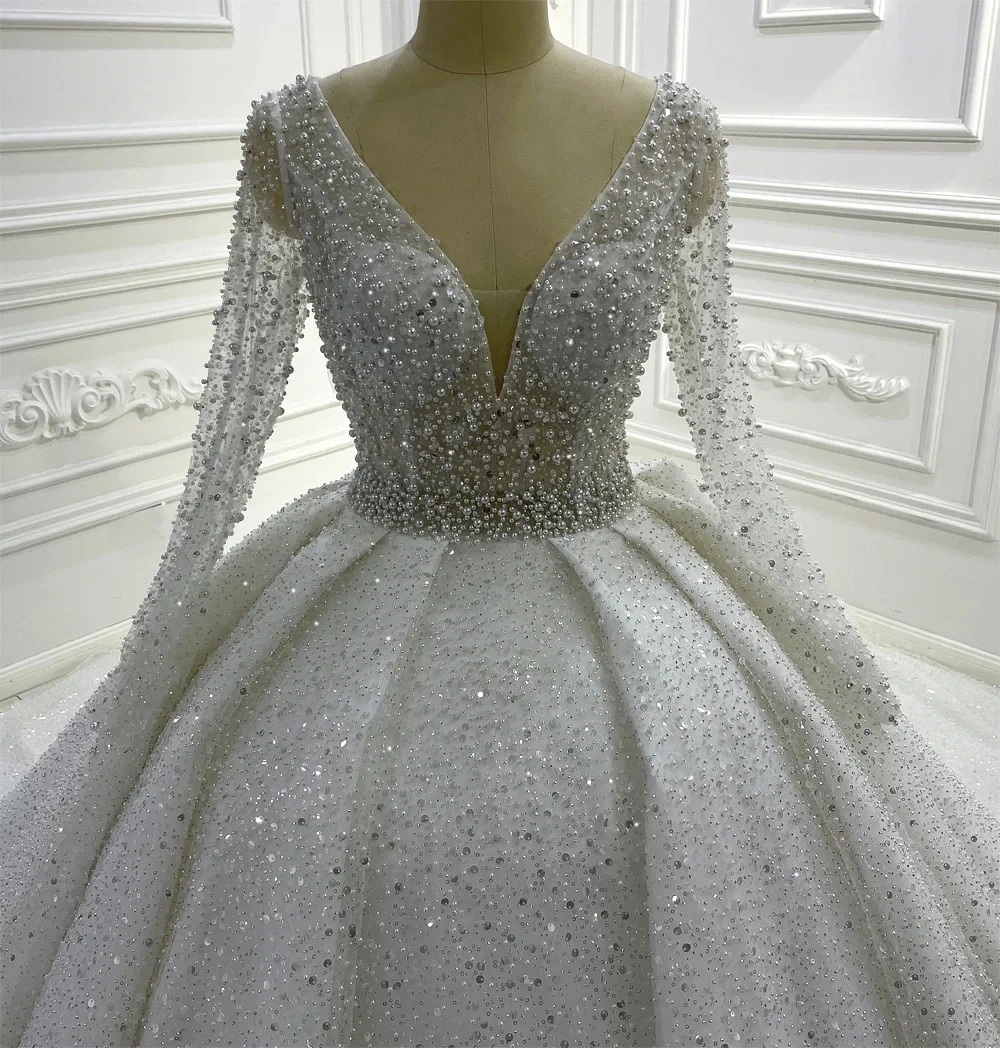 

2026 Arabic Aso Ebi Glitter Sequin Wedding Dresses Long Sleeve V Neck Beads Pearls Puffy Bridal Gowns Dress Vestidos De Noiva