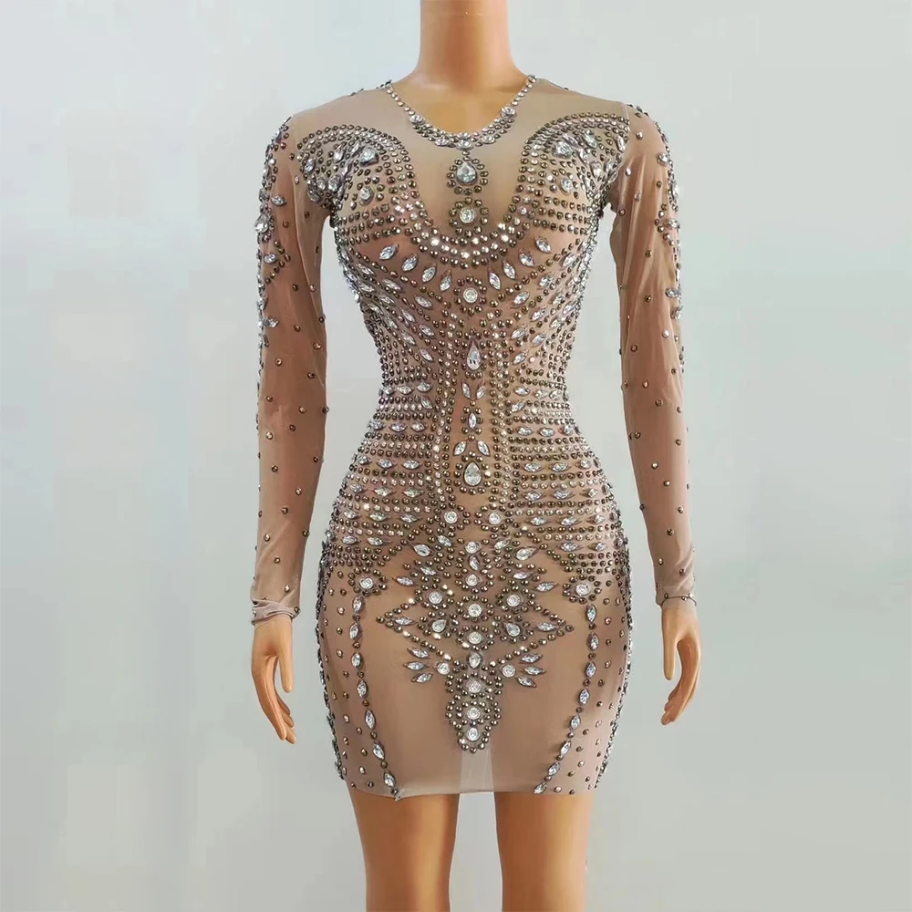 

Customized Gauze Hollow Out Lace Pearl Transparent High Elastic Sequins Sexy Tight Dress Birthday Party Dress Performance Dress