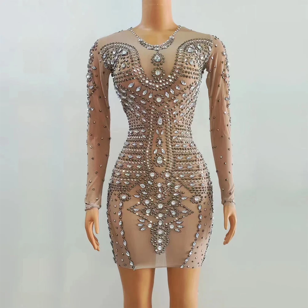 Customized Gauze Hollow Out Lace Pearl Transparent High Elastic Sequins Sexy Tight Dress Birthday Party  Dress Performance Dress