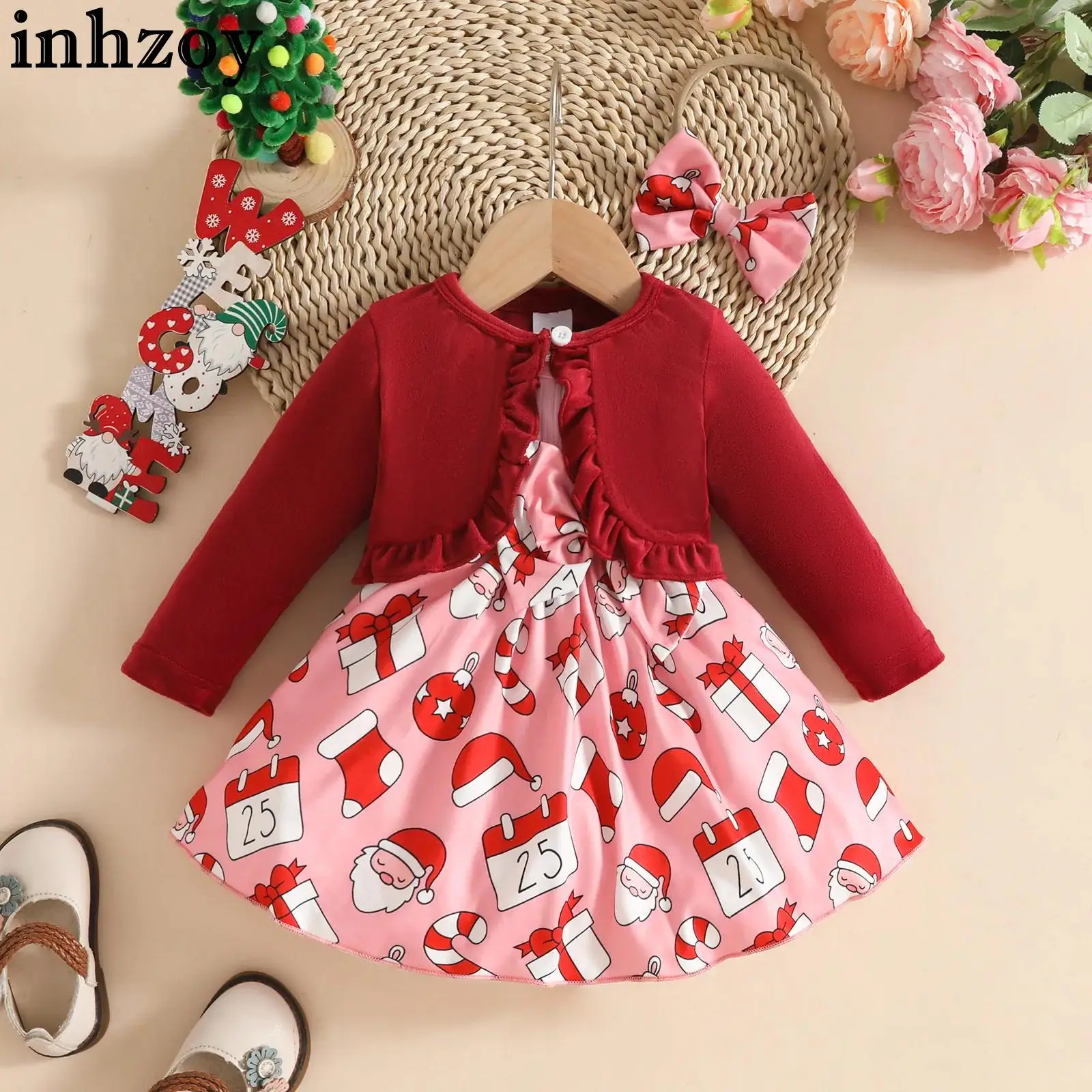 

Рождественское праздничное платье для маленьких девочек с кардиганом, платье с рождественским принтом, бархатная шаль с длинными рукавами, пальто, повязка на голову, костюм на свадьбу, день рождения