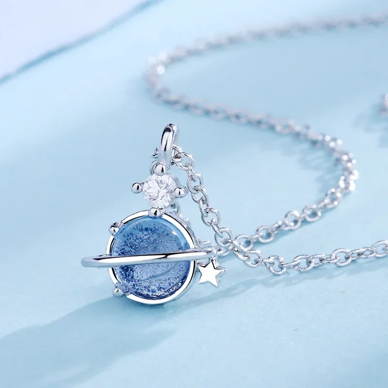 CIAXY Silver Color Blue Aurora Planet Necklace Fashion Inlaid Zircon Women Temperament Clavicle Chain Luxury Jewelry