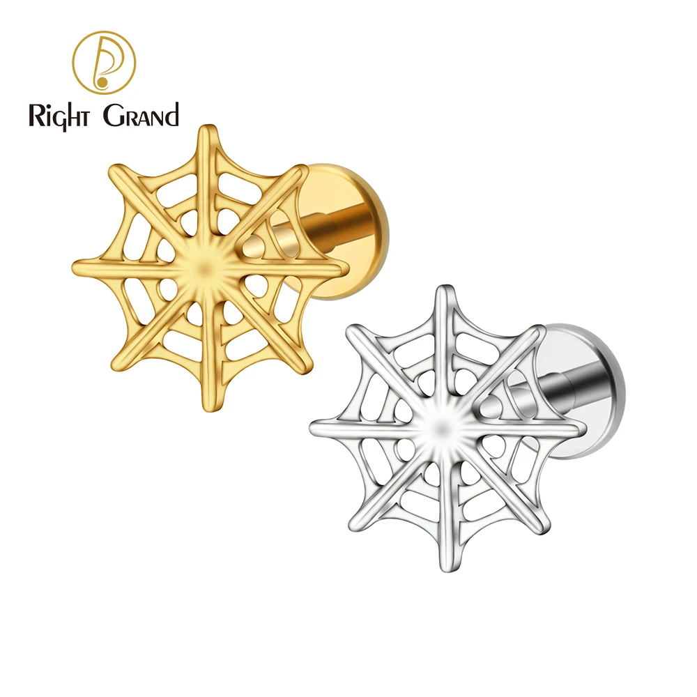 Right Grand ASTM F136 Titânio 16G Teia de Aranha Brinco Cartilagem Tragus Helix Concha Lóbulo da Orelha Flat Back Piercing Joias de Halloween