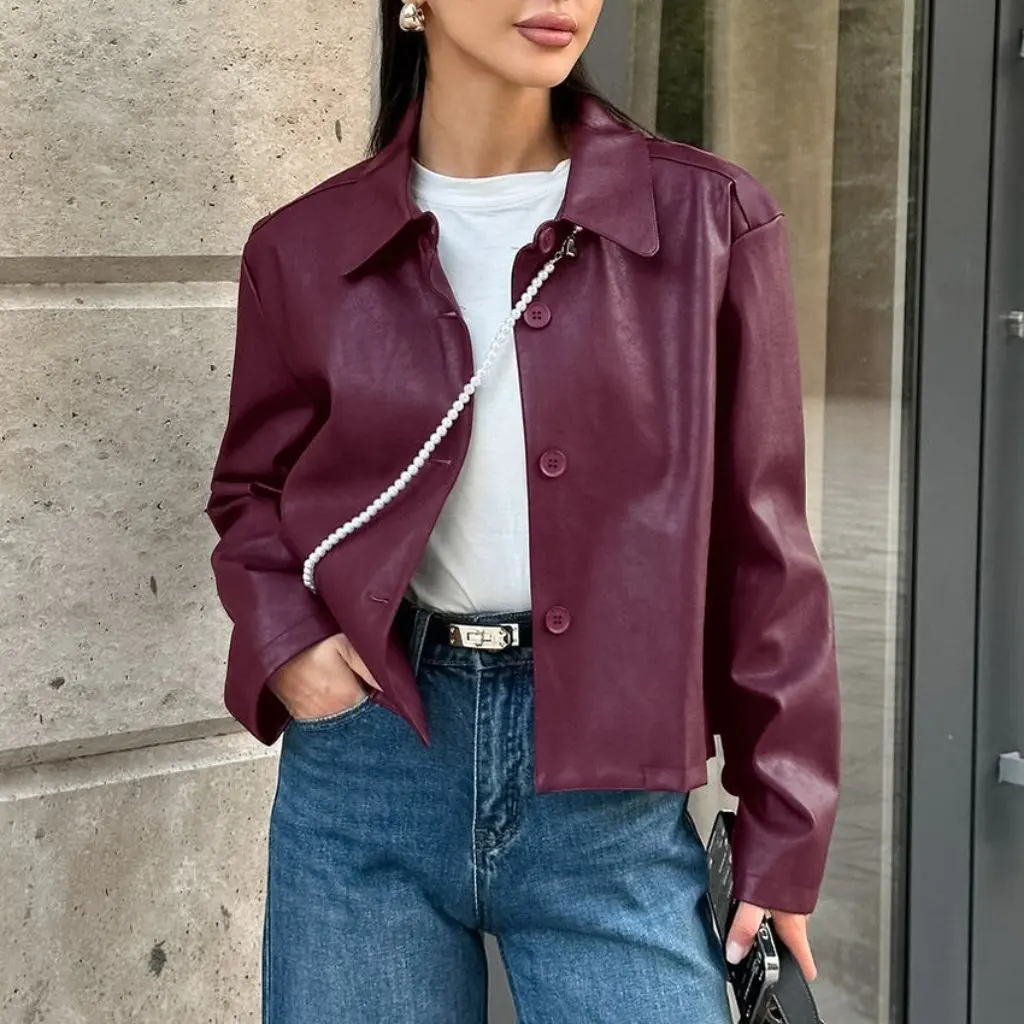 

Women's Classic Wine Red Fleece-Lined Matte Leather Jacket Loose Casual Autumn Winter Shoulder Sleeve for Commuting