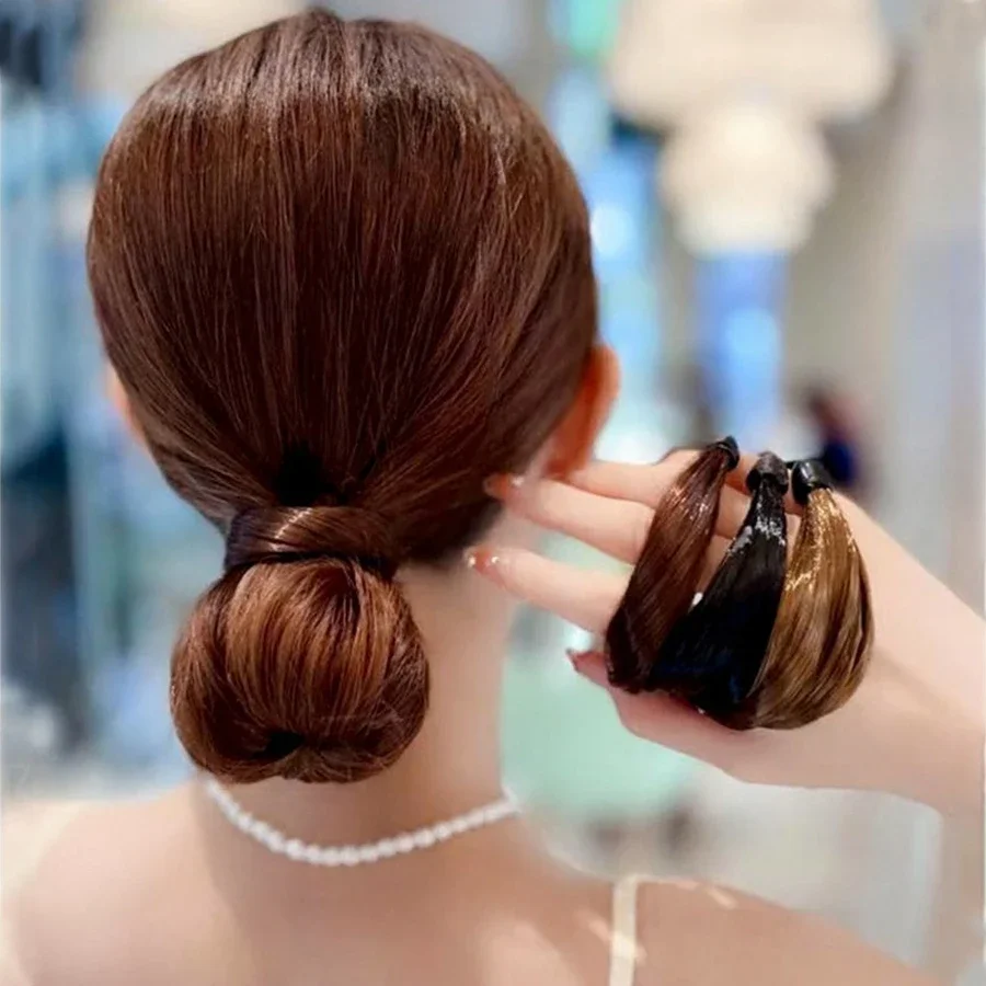 

3Pcs Brown Black Rubber Band Simulation Wig Hair Ring Straight Hair Tie Rope Ponytail Elastic Hair Bands Hair Accessories Girl