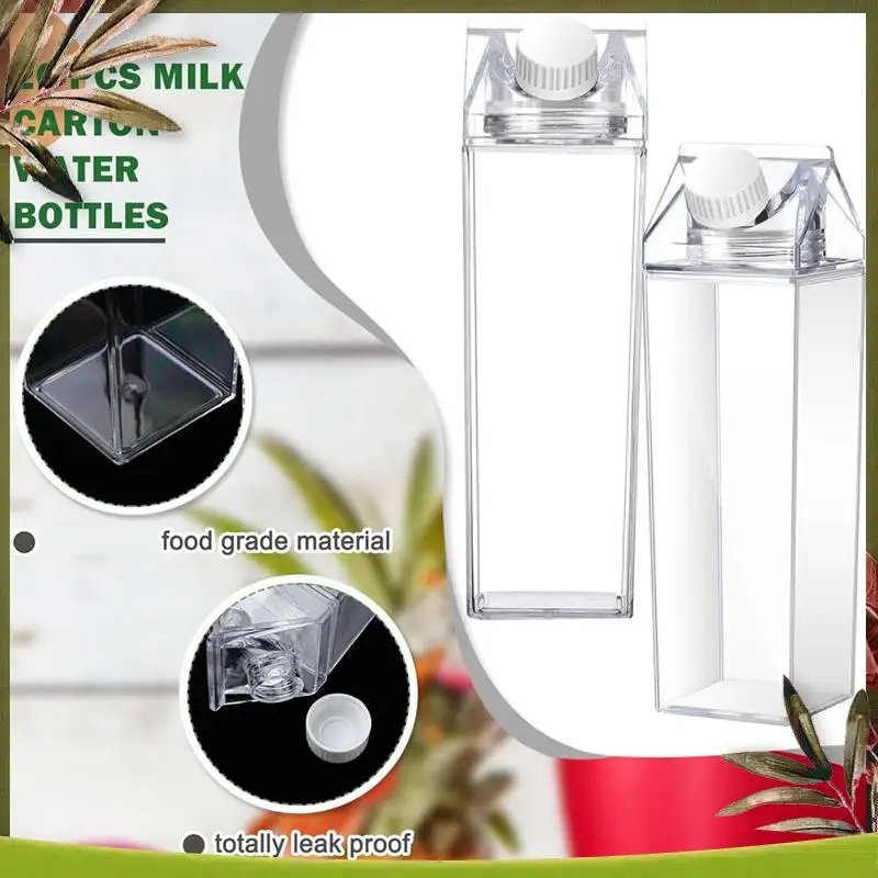 

Reliable-3 Pcs 1000Ml Milk Water Bottle Square Plastic Coffee Milk Bottle Portable Reusable Leakproof Juice Bottle For Camping
