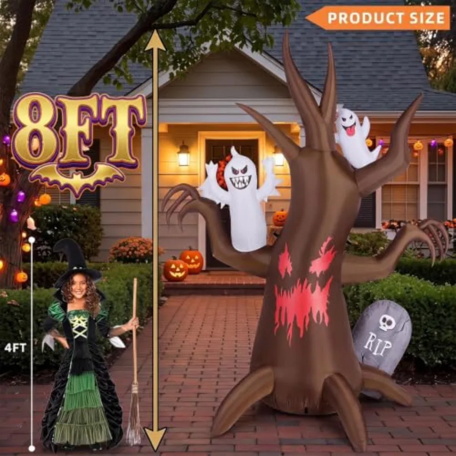 Outdoor Halloween Decoration: PVC Ghost Tree Inflatable with LED Lights, White and Gray, Weatherproof Easy Setup