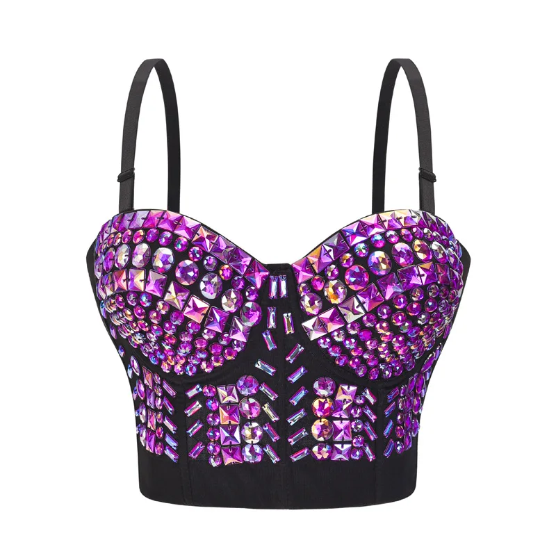 

Purple Beading Sexy Luxury Black Bra Women Crop Top Gothic Punk Push Up Bras Club Party Summer Camis Corset Y2k Streetwear