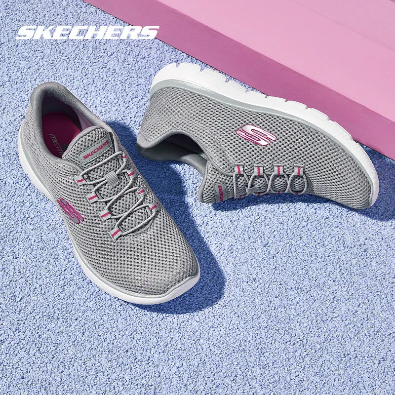 Skechers 12985‑GYHP Women Walking Shoes Grey Pink Breathable Mesh Lightweight Cushion Daily Casual Sneakers