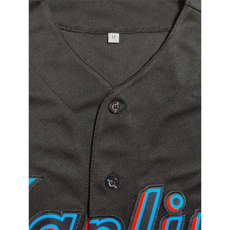 Personalisierter Name und Nummer Herren-Baseballtrikot mit Stickerei, Miami, schwarzer V-Ausschnitt, personalisierte Kurzarm-Button-Down-Hemden