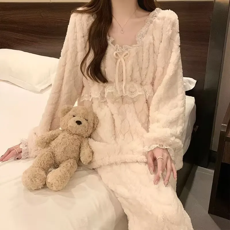 Princess Style Fleece Lined Thickened Women's Sleepwear Coral Velvet Winter Autumn Spring Home Clothes Set Sweet Cute Style