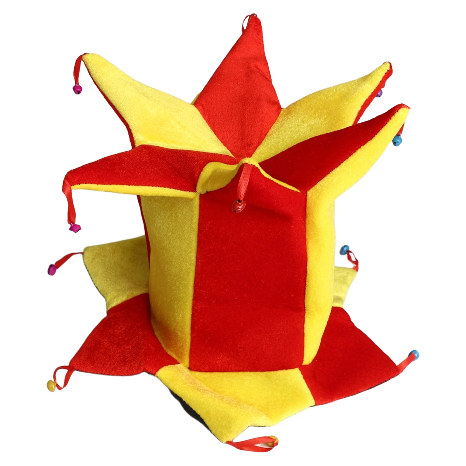 

Whimsical Jester Hat with Vibrant Multicolor Panels And Jingling Bells Perfect for Halloween Costumes And Circus Theme Parties