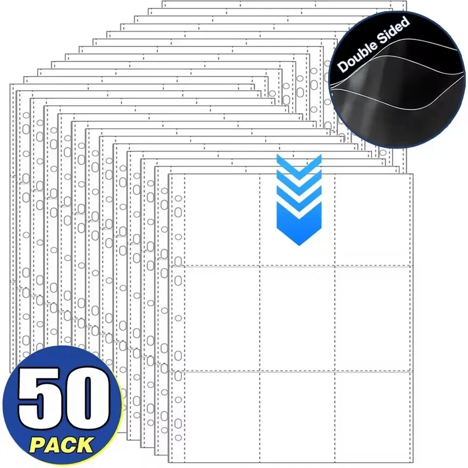 Paquet de 1 à 50 Pages de classeur de poche Double face, 9 pochettes pour cartes à collectionner pour classeur à 3 anneaux, Pages en plastique transparent, porte-cartes de jeu