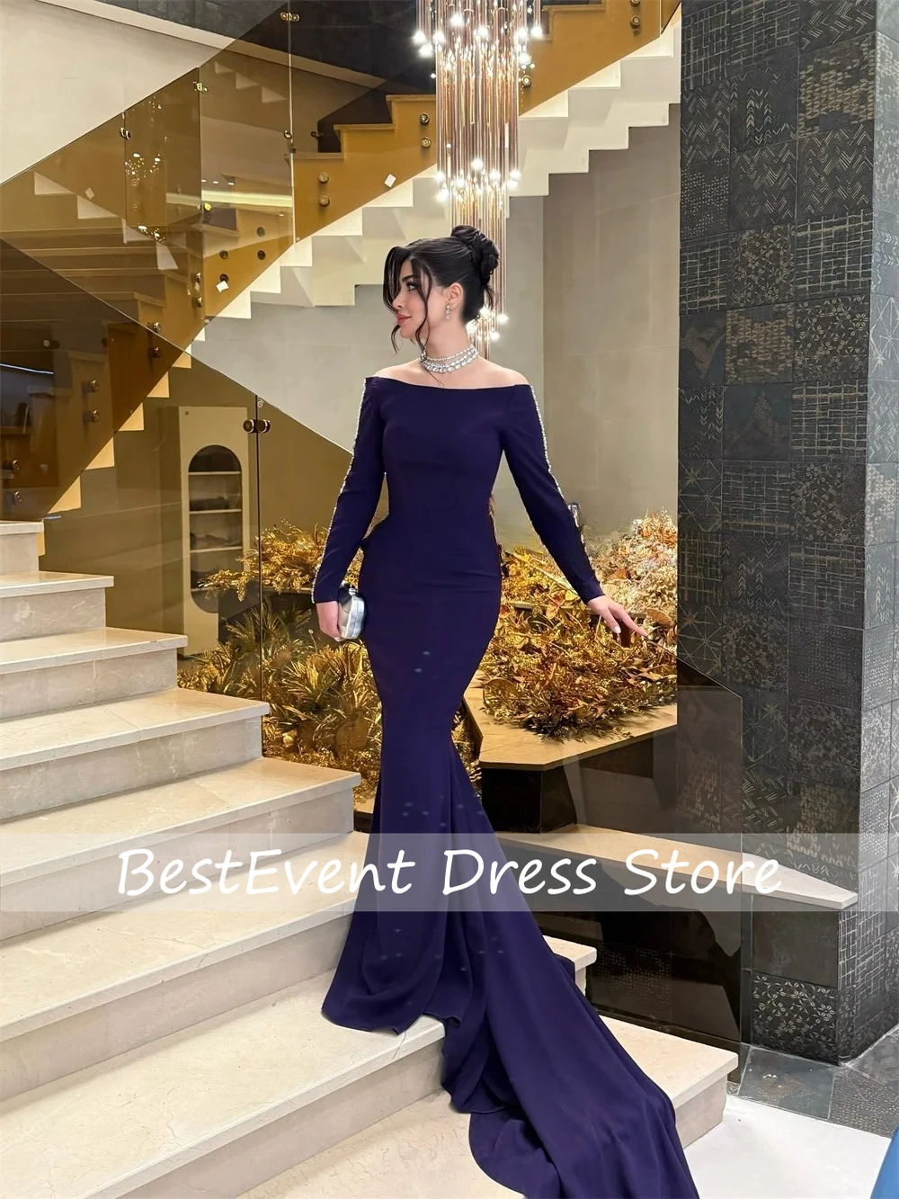 

Customized Formal O-neck Long Sleeeve Pleat Sexy Mermaid Off-the-shoulder Long Dresses Bespoke Occasion Dresses Beading