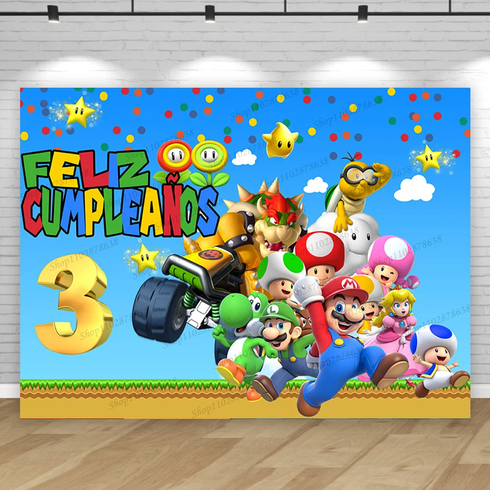 Super Marios Bros Feliz Cumpleaños Backdrop Boy Golden Numeral 1 2 3 4 5 6 Birthday Party Background Photo Studio Banner Decor