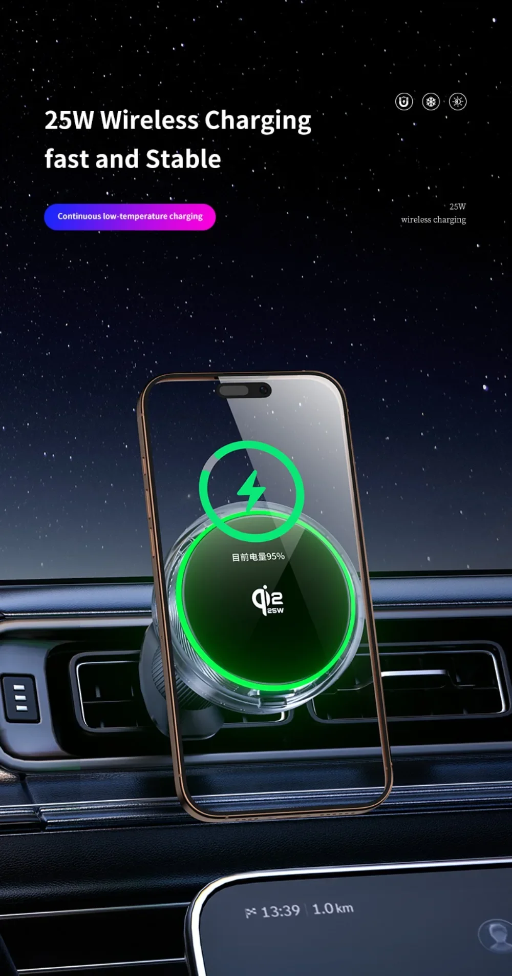 Luftgekühltes Auto-Qi2.2 25W Magnetisches Kabelloses Ladegerät mit RGB-Licht und Telefonhalterung für Magsafe iPhone 17 16 Pro Max Schnellladehalterung – Detail 3