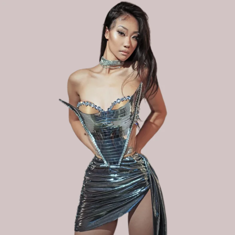 Damski dwuczęściowy zestaw: krótka spódniczka i błyszczący złoty seksowny top, strój sceniczny na imprezę, do klubu nocnego, dla tancerki, na pokaz, do klubu, dla drag queen.