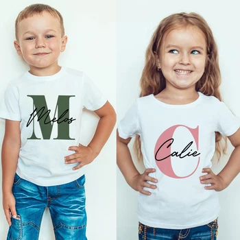 Kids Gepersonaliseerde Naam Initial T-shirt Kids Top Kinderen Custom T-Shirts Jongen Aangepaste Tee Verjaardagscadeau