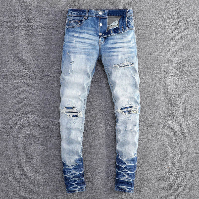 

High Street Designer High Street Fashion Jeans Stretch Slimming Washed Light Blue Jeans Beaded Patches Hip Hop Brand Pants Hombr