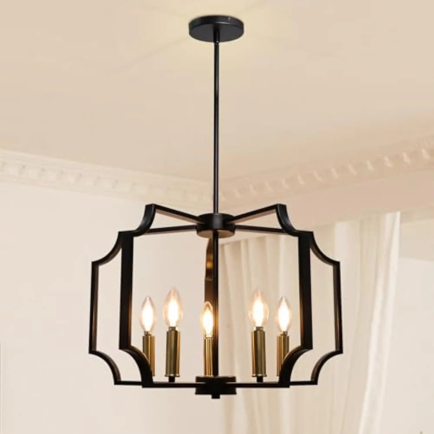 

Dining Room Chandeliers, Black&Gold Geometric Modern Farmhouse Chandelier, 5-Light Adjustable Hanging Industrial Metal Pendant
