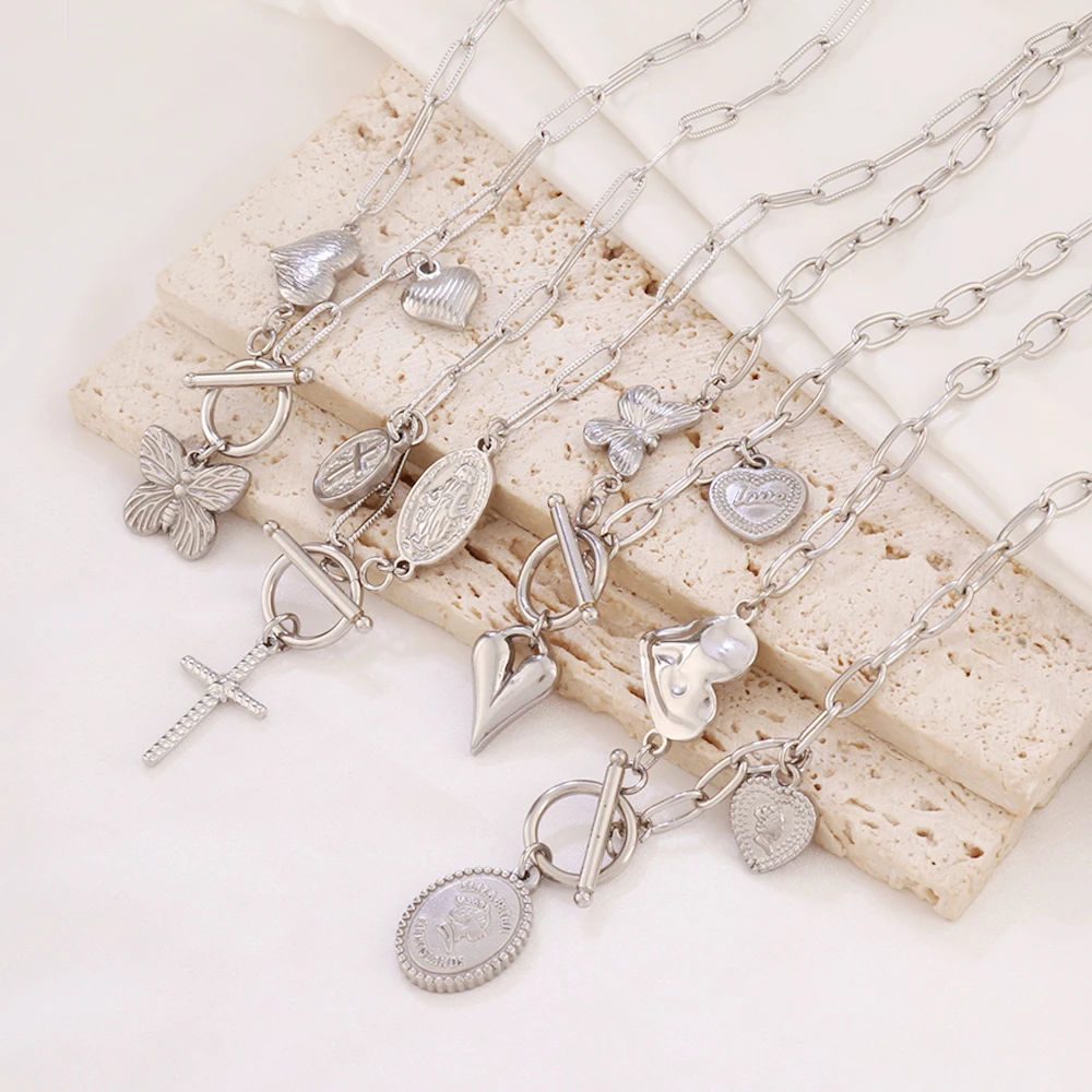 316L Stainless Steel Heart Butterfly Pendant Necklace For Women Toggle Clasp Cross Coin Paperclip Chain Necklaces Jewelry Gifts