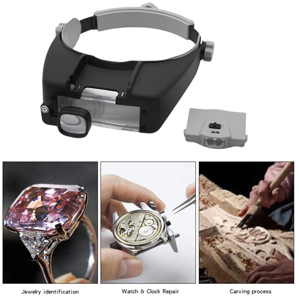 Head Magnifying Glass with 2 LED Light Hands Free Magnifier Adjustable Headband Multifunctional for Reading Jewelry Watch Repair