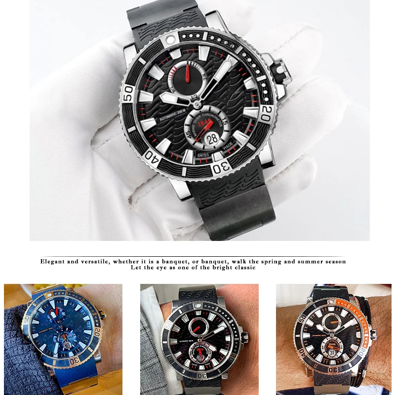 22 مللي متر منحني نهاية المطاط حزام الساعات صالح ل أوليس ناردين 263 غواص حزام أسود أزرق موجة سيليكون أساور مقاومة للماء #3