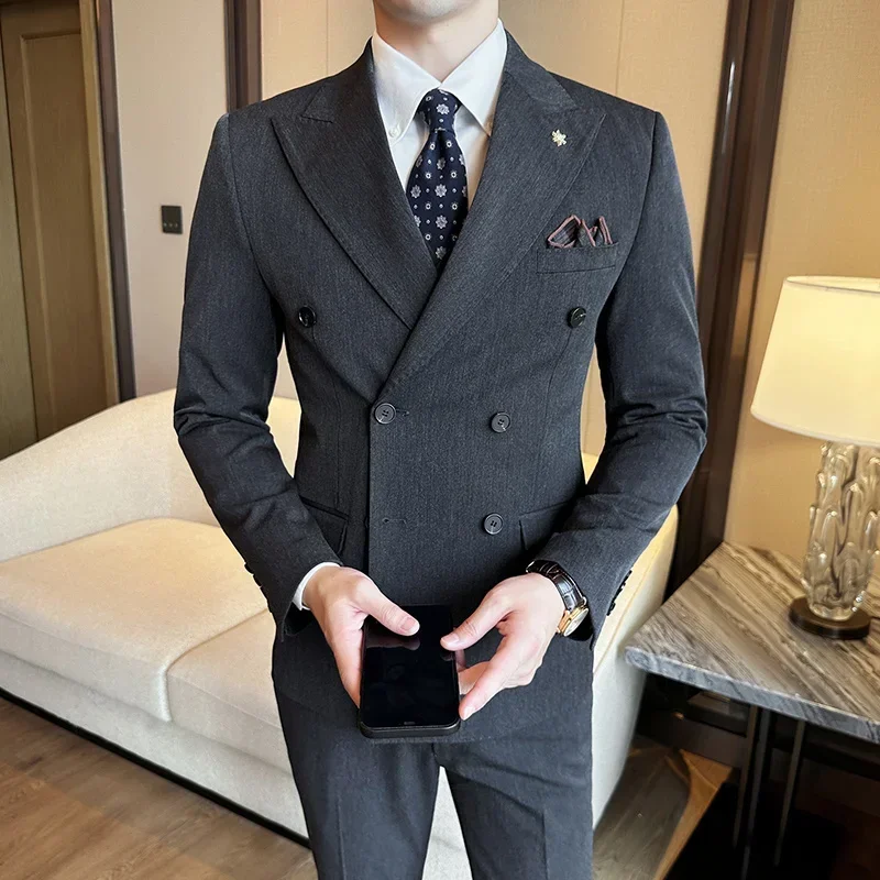 (Jackets+Pants) Luxury Double Breasted Design Slim Fit Suit High Quality Fashion Men\'s Wedding Social Suit Tuxedo 2 Piece Set