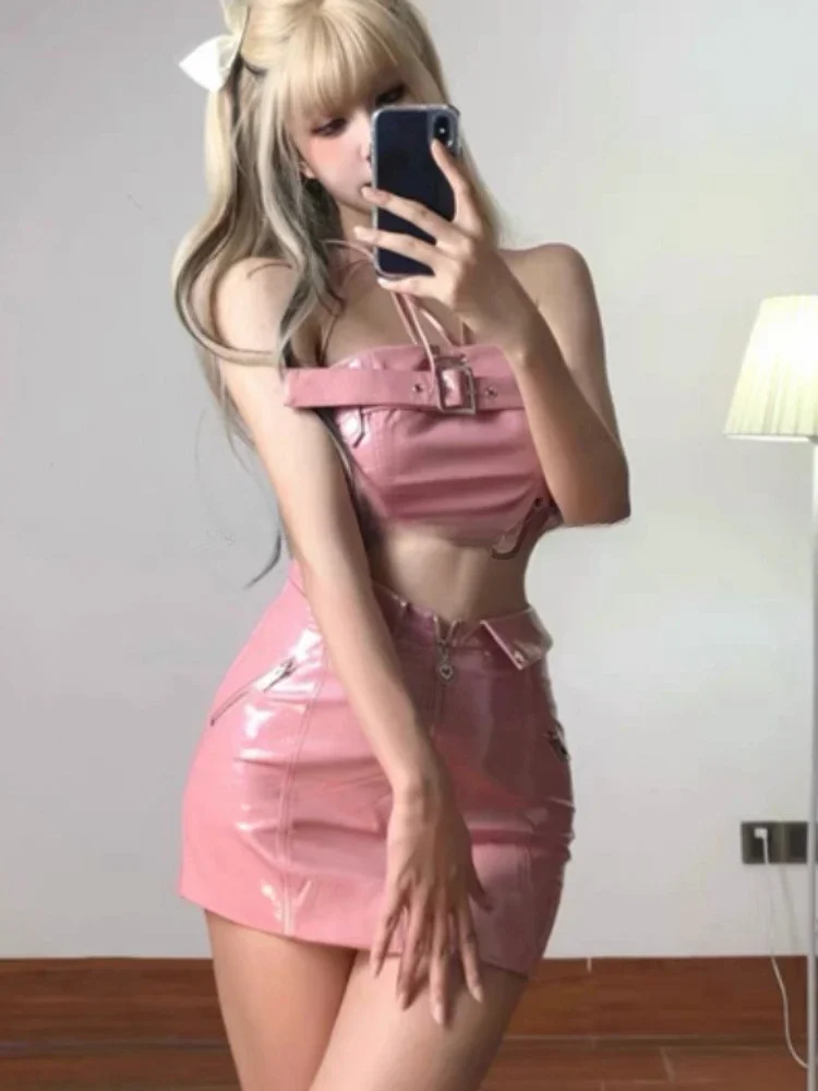 

Fashion Chic Sweet Sexy 2 Piece Set Women Y2k Strapless Vest + Leather Skirts Female Summer New Pink High Waist Streetwear Suits