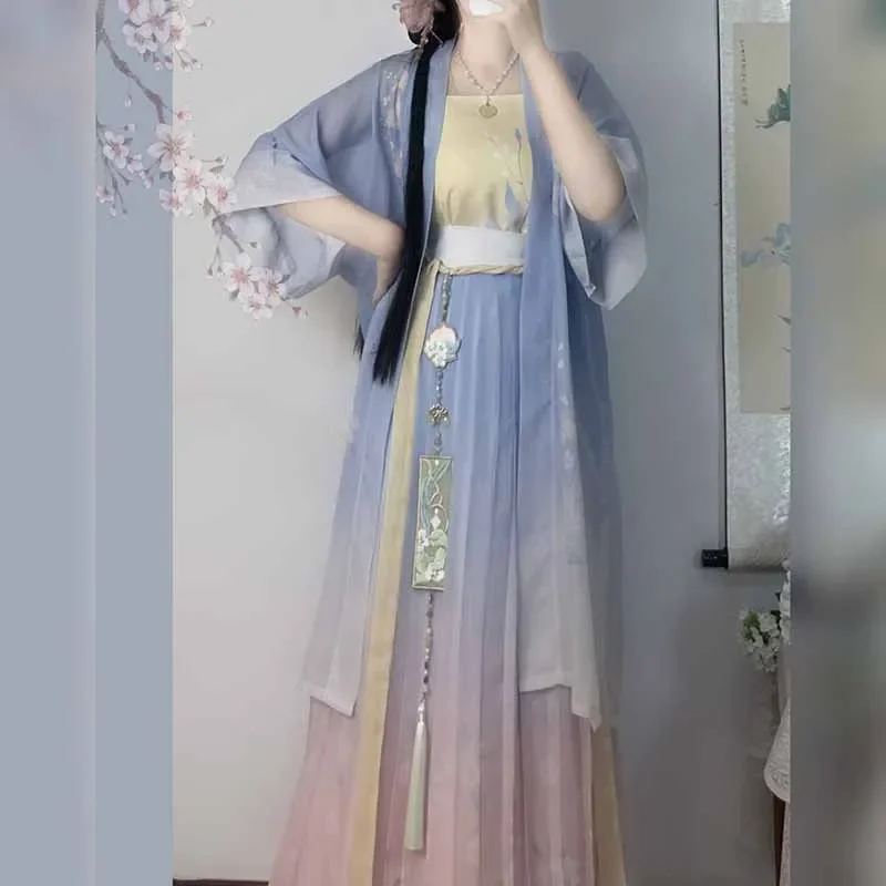 Chinese Hanfu Dress Women Cosplay Costume Party Outfit Ancient Traditional Vintage Summer Gradient Coat+Camisole+Skirt 3pcs Sets