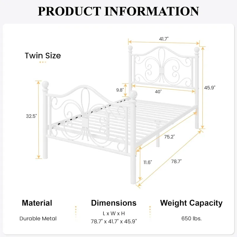 Twin Size Bed Frame for Kids,Metal Bed Frame with Butterfly Pattern Design Headboard & Footboard,No Box Spring Needed,Easy